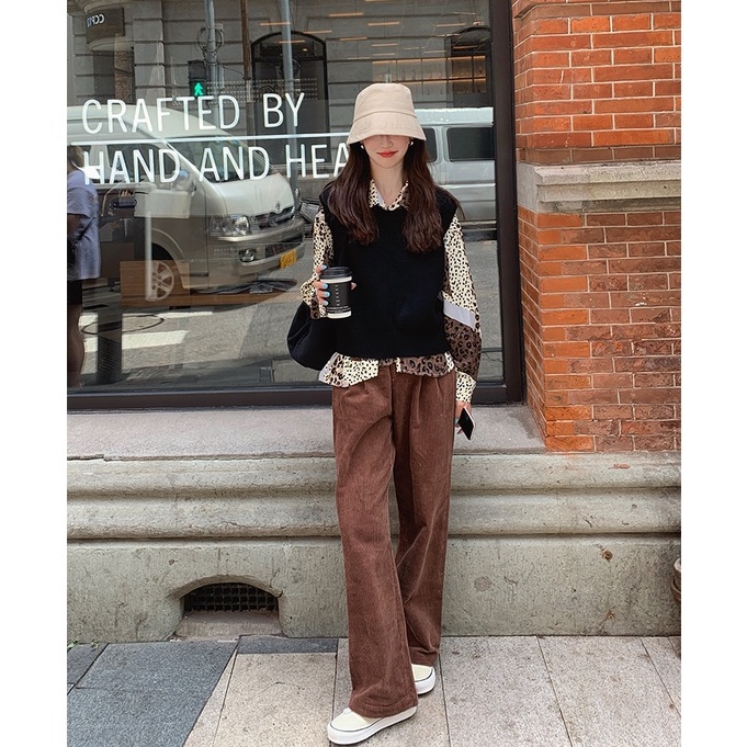 Quần Dài Ống Rộng Lưng Cao Màu Nâu Thời Trang Hàn Quốc Cổ Điển Dành Cho Bạn Nữ