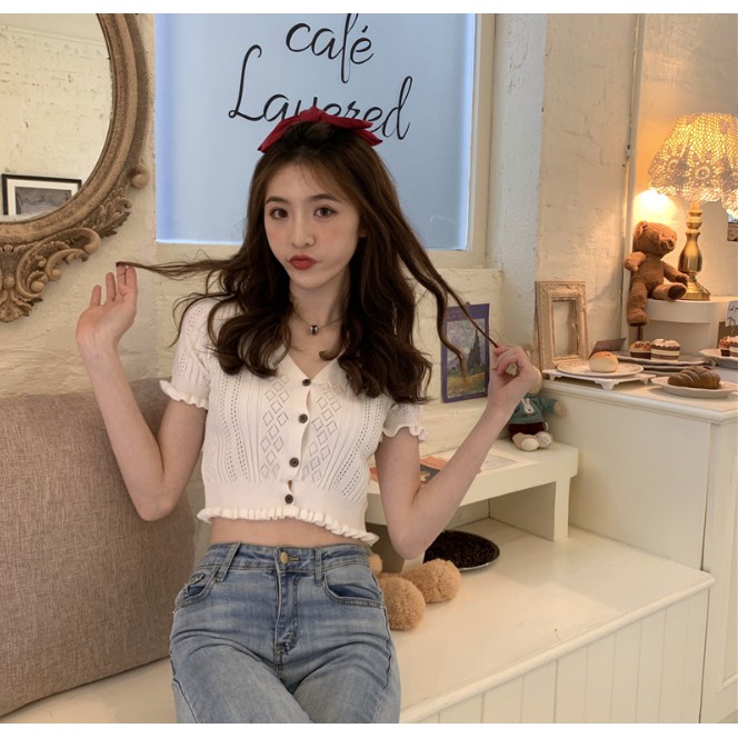 [SẴN][Video thật] Áo Khoác Cardigan len mỏng đục lỗ tay bèo dáng croptop tiểu thư