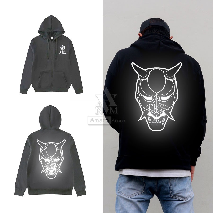 Áo khoác hoodie dây kéo nam nữ,Phản quang quỷ oni, nỉ ngoại, 2 màu trắng đen, Anam Store
