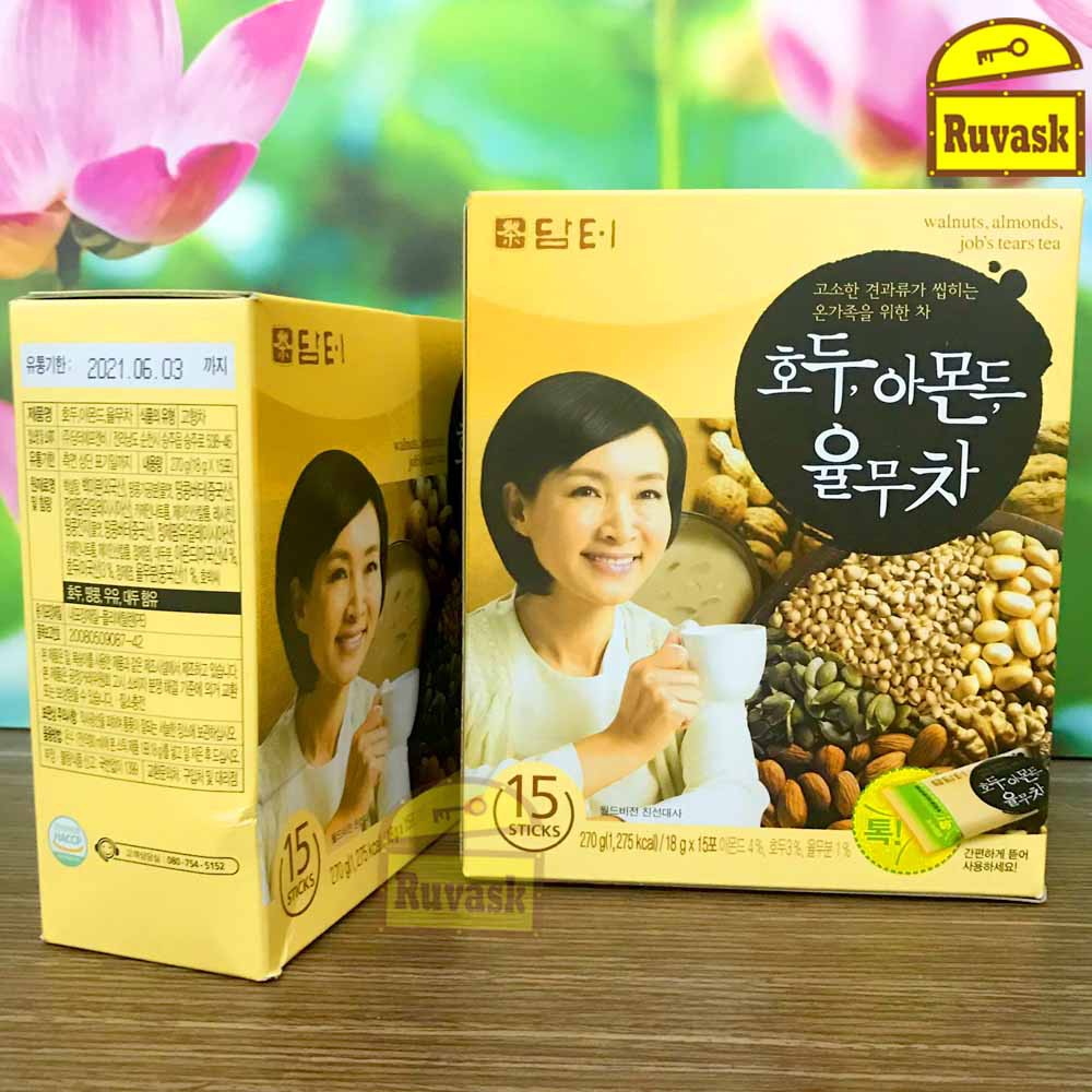 Bột ngũ cốc óc chó, Hạnh nhân DAMTUH Hàn Quốc (18gam x 15 gói) - Ngũ Cốc Hàn Quốc Damtuh Ăn Sáng