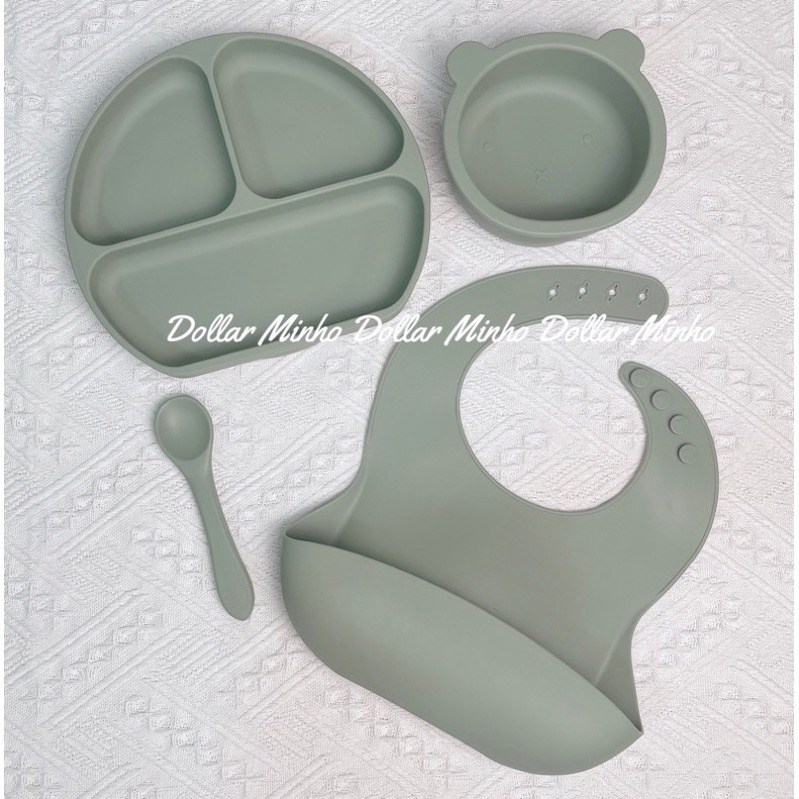 Set silicon khay 3 ngăn kèm bát, yếm, thìa