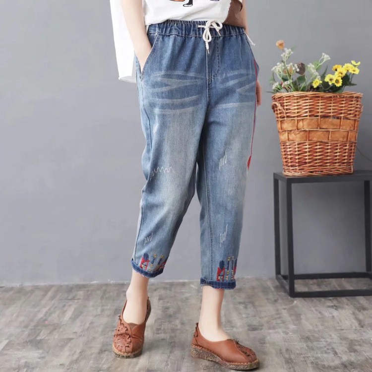 Quần jean bagyy nữ lưng thun eo co giãn size đại bigsize thêu hoa size M đến 3XL