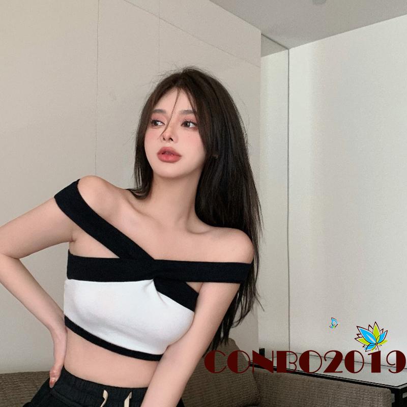 HGM-Ladies Midriff-baring Tank Top, Black White Color Matching Cross Hanging Neck Off Shoulder Sleeveless Slim Tops