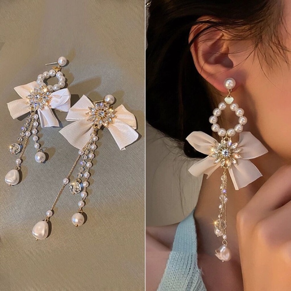 Khuyên Tai Dáng Dài Đính Đá Ngọc Trai Siêu Lấp Lánh Phong Cách Hàn Quốc Mới