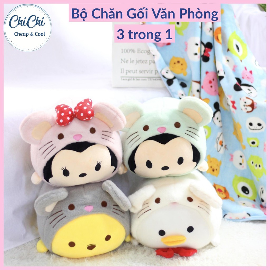 Chăn Gối Văn Phòng 3 trong 1 MIKEY Chuột(Hồng,Xanh,Xám,Trắng)GM015 ChiChi,Gấu Ngủ Kèm Mền siêu cute phù hợp mọi lứa tổi