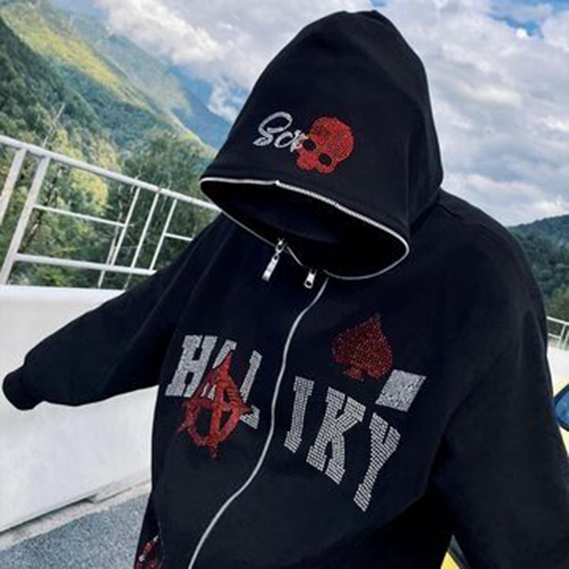 Áo Khoác Hoodie Có Khóa Kéo Đính Đá Hình Bộ Xương Y2K Thời Trang Mùa Thu 2023 Phong Cách Goth Cho Nam Và Nữ Y2K