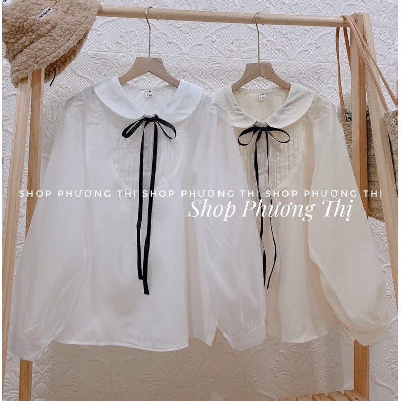 Áo sơmi tơ voan cổ bèo cột nơ trắng be/ sơ mi tay bồng