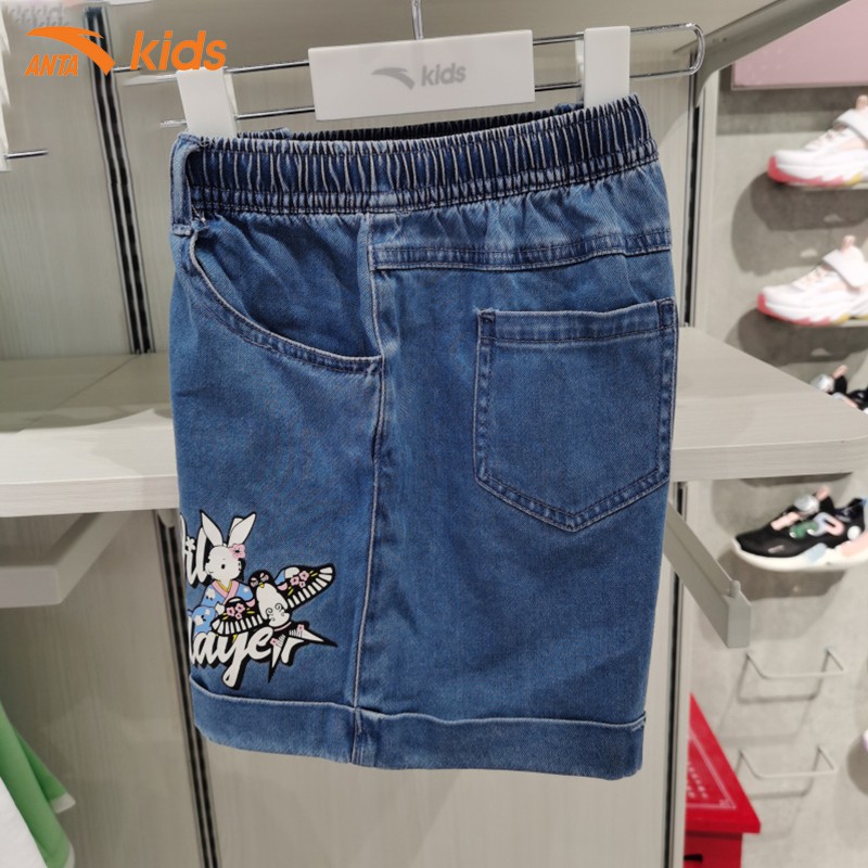 Quần short bé gái Anta Kids WH62128301-1, cạp chun, vải jean co giãn nhẹ