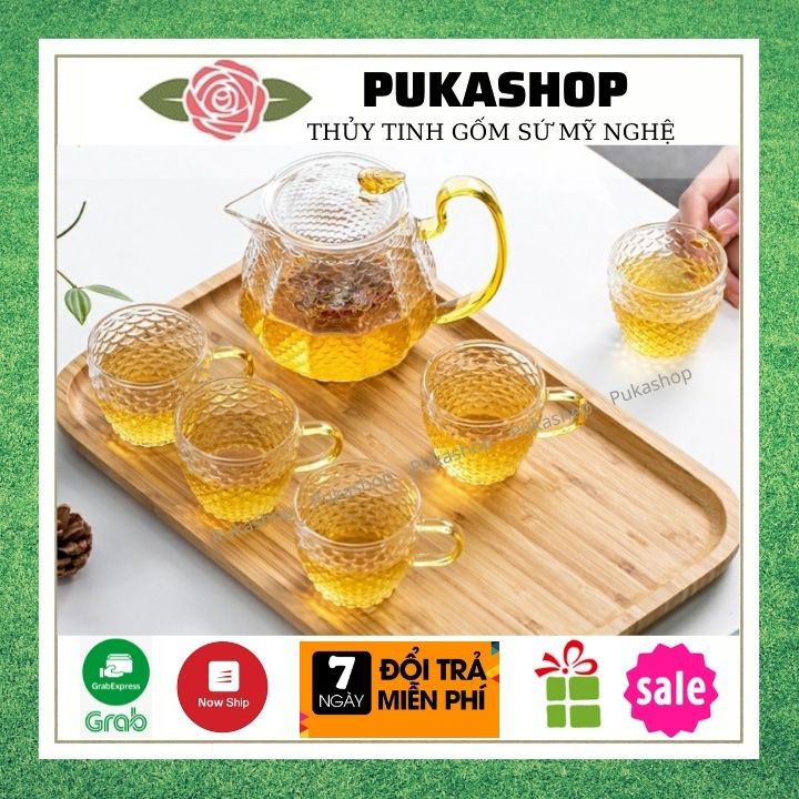 Bộ Ấm Trà Thủy Tinh Cao Cấp , Pha Trà Hoa, Kiểu Ấm Vẩy Cá Ly Thủy Tinh Có Quai Puka BAT2121