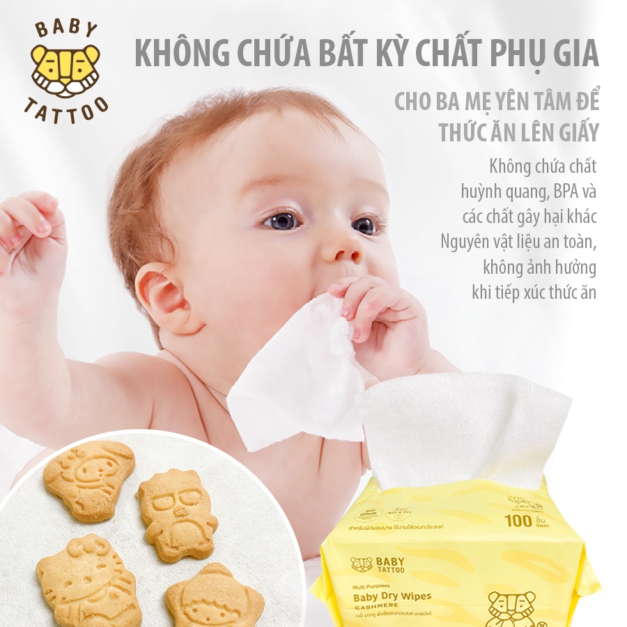 BABY TATTOO Khăn Giấy Bông Khô Cao Cấp Cho Bé Chất Vải CASHMERE, Đa Năng Sử Dụng Khô Hoặc Ướt