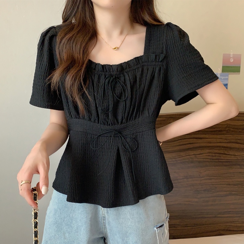 SUXI Áo Kiểu Tay Ngắn Cổ Vuông Dáng Rộng Màu Đen Thời Trang Mùa Hè Xinh Xắn Cho Nữ