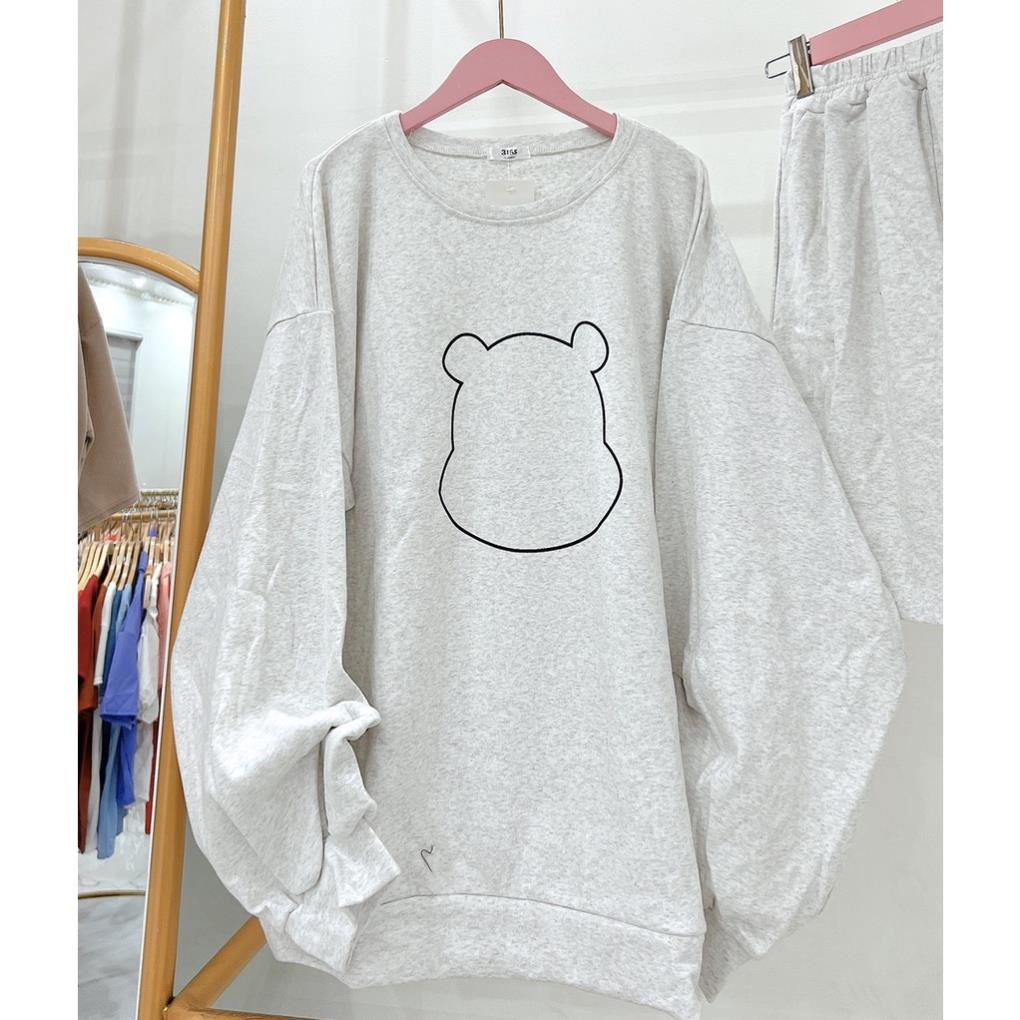 Sét áo sweater cổ tròn from rộng unisex  phối quần sooc hình Gấu màu Xám Ghi cực Kutee Vati