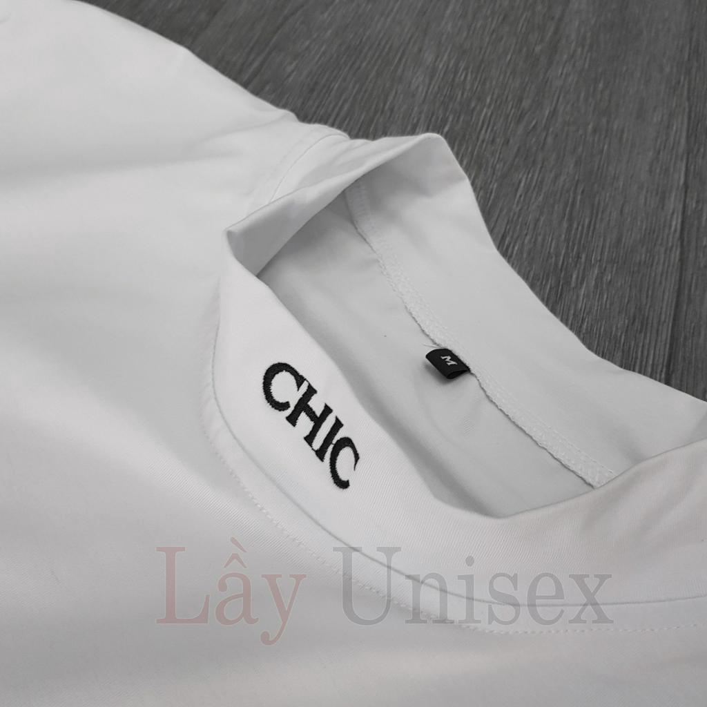 Áo thun nam tay lỡ form rộng cổ bo thêu chữ CHIC