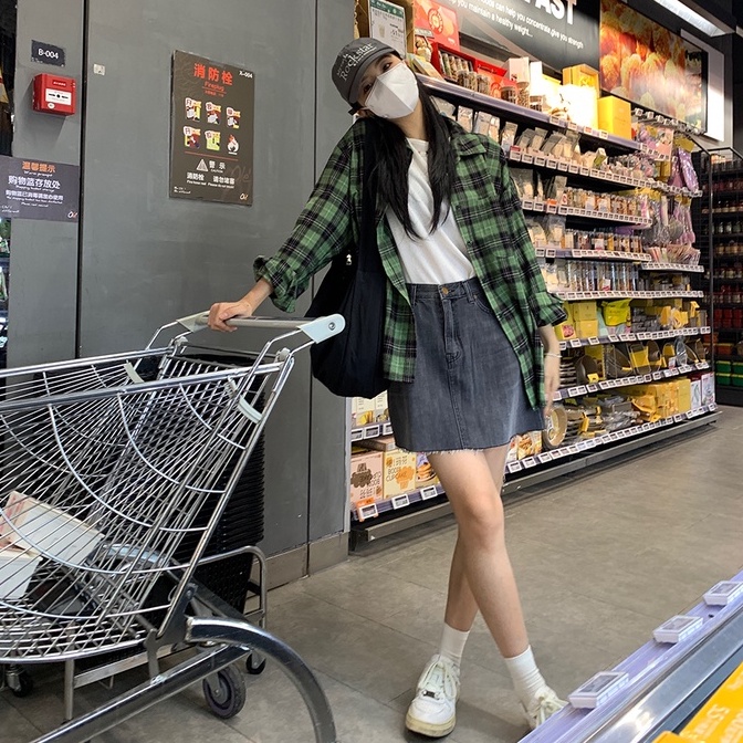 【ZHELIHANGFEI】Áo Sơ Mi Tay Dài Cổ Bẻ Form Rộng Họa Tiết Sọc Caro Phong Cách Mỹ