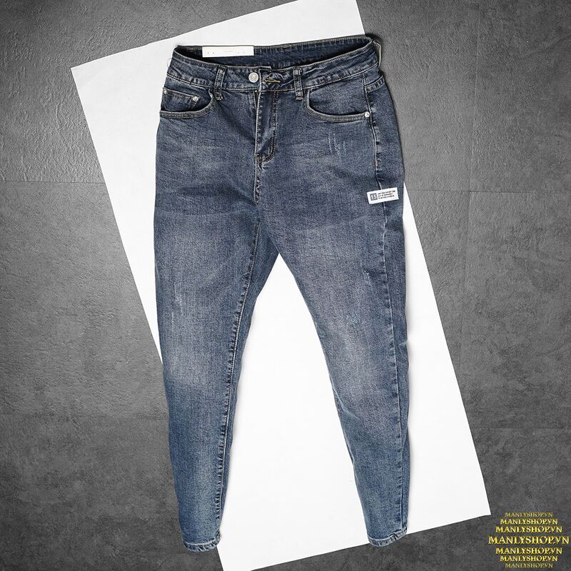 Quần jean nam nam chính hãng MANLY form slimfit màu xanh, Quần bò nam cao cấp co giãn 9012