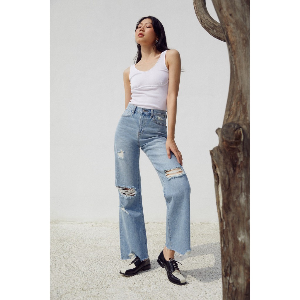 TheBlueTshirt - Quần Jeans Ống Rộng Nữ  Rách Gối Màu Nhạt - Cheeky Chic Wide Leg Jeans - Light Blue Wash