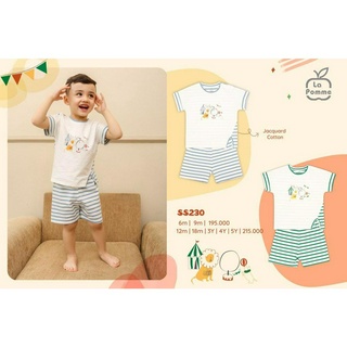 Bộ cộc tay cài vai LA POMME hình rạp xiếc quần kẻ bé trai