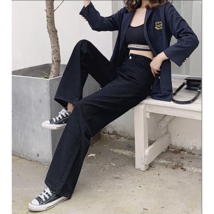 QUẦN JEANS ỐNG RỘNG SUÔNG ĐEN RÁCH GỐI