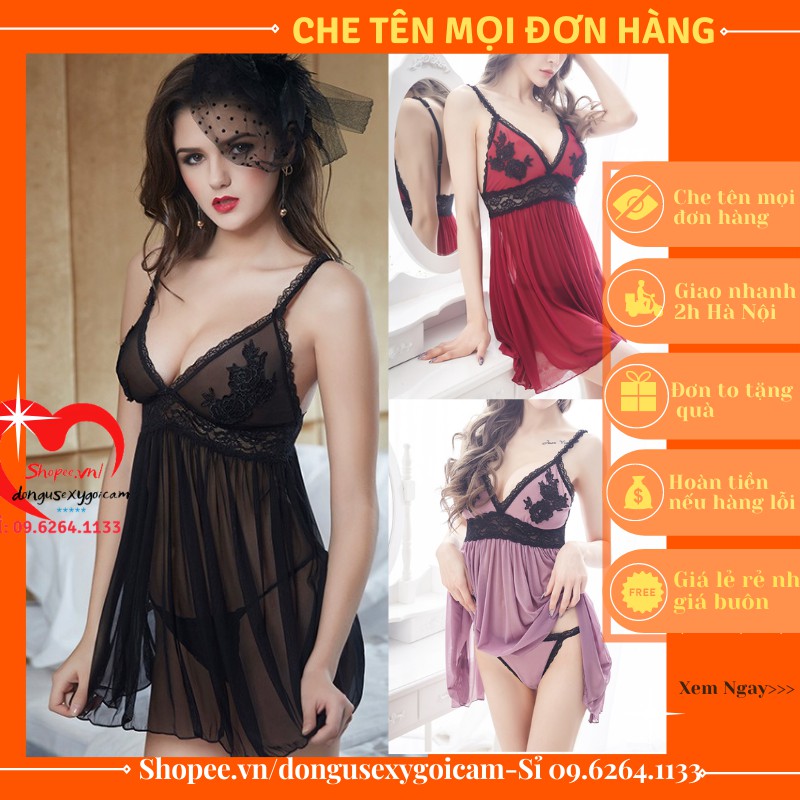 Váy ngủ gợi cảm - Váy ngủ sexy - váy ngủ 2 dây ( SEXY HOA HỒNG NGỰC)