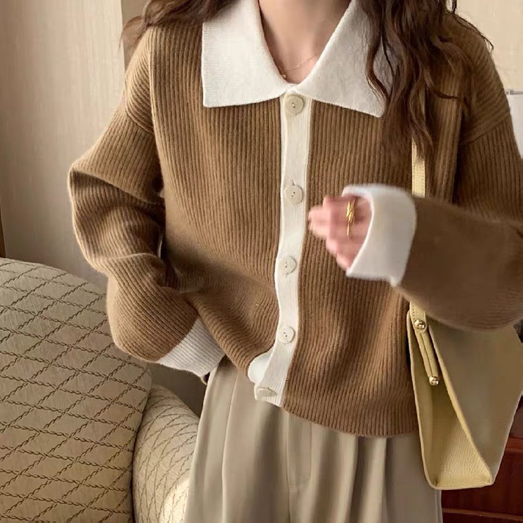 Áo Len Dài Tay Nữ Màu Nâu Trắng Cổ Bẻ Dài Tay Phong Cách Hàn Quốc Nhẹ Nhàng Tiểu Thư Loại 1 Mùa Thu Đông