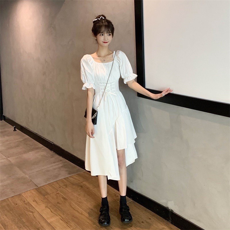 Váy Nữ Dáng Xòe Xẻ Chân Thắt Nơ Eo Tiểu Thư, Đầm Dài Dáng Xòecổ Vuông Tay Bồng Đen Trắng Bánh Bèo Nữ Tính