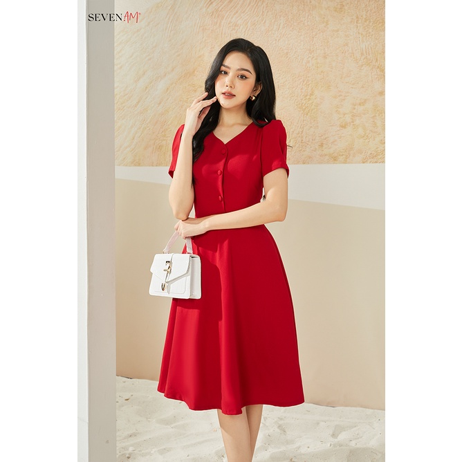 Đầm xòe tay cộc đỏ cổ V túi giả Seven.AM FH633152