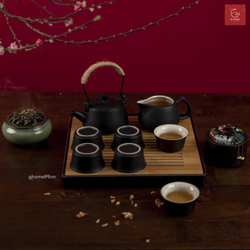 Set ấm trà gốm khay vuông cao cấp Ghome, bộ ấm trà truyền thống, sang trọng tiếp khách AT2022 KHAYVUONG