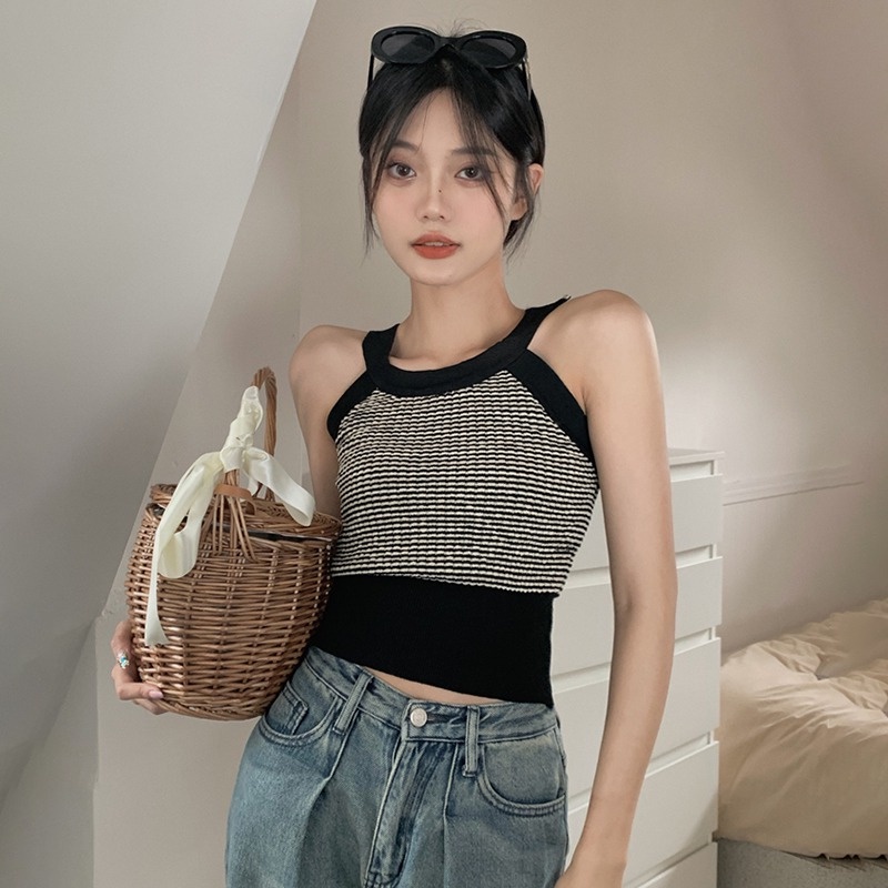 Áo Lửng Hai Dây Dệt Kim Kẻ Sọc Màu Sắc Gợi Cảm Thời Trang Mùa Hè Hàn Quốc Cho Nữ