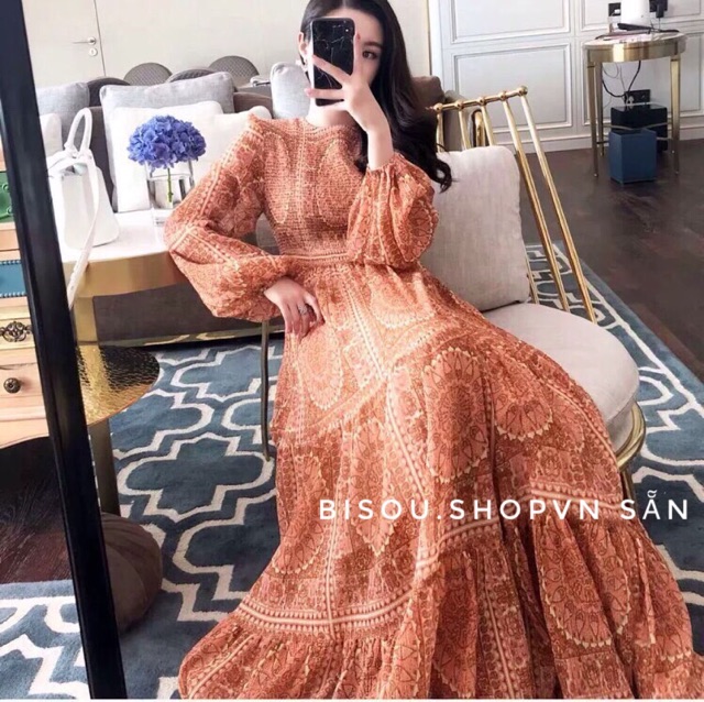 ĐẦM VÁY MAXI HOẠ TIẾT THỔ CẨM BOHO DÁNG DÀI XOÈ TAY PHỒNG CAM