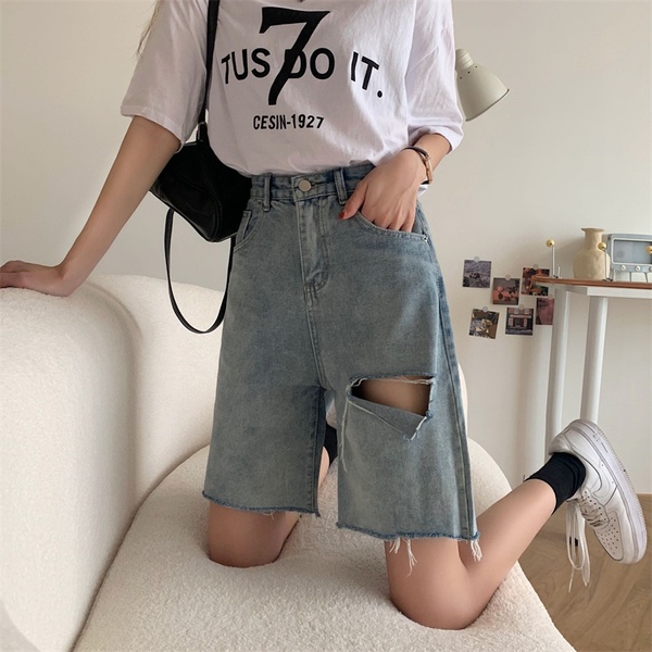 Quần Short Jeans Rách Lưng Cao Thời Trang Dành Cho Nữ
