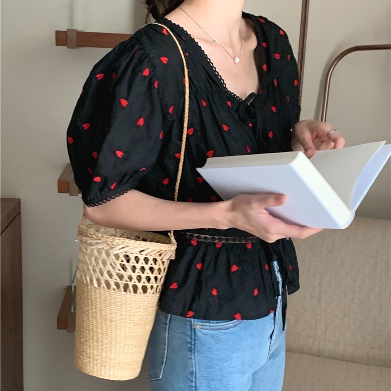 SUXI Áo Sơ Mi Cotton Ngắn Tay Thắt Dây Thêu Họa Tiết Chấm Bi Phong Cách Hàn Quốc