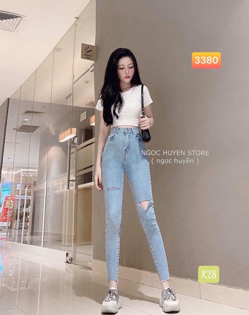 Quần jeans nữ lưng cao RÁCH t ôm body lưng siêu cao rách gối xanh nhạt - J20