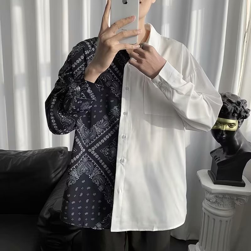 Áo Sơ Mi Tay Dài Dáng Rộng In Họa Tiết Kiểu Retro Nhật Hàn Thời Trang Cho Nam