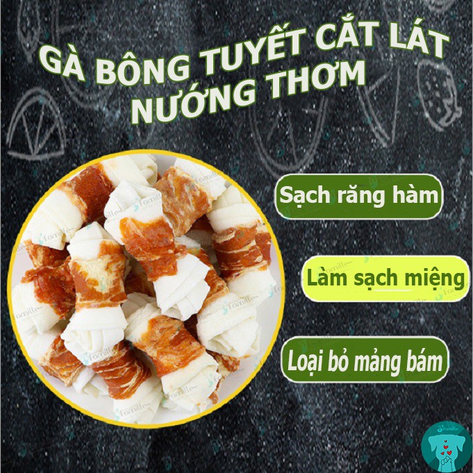 [GÀ NƯỚNG]Snack Sạch Răng Chó JFamille, Lát Gà Bông Tuyết Nướng Cuộn Xương Da Bò, Bổ Sung Canxi. Gói 100gr-JF84
