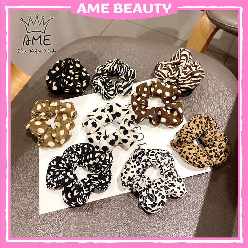 Dây buộc tóc scrunchies da báo , chun cột tóc scrunchies vải nhung xinh xắn Ame Beauty