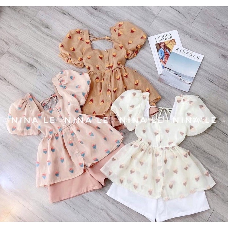 Set bộ peplum đùi nữ áo cổ vuông khoét lưng cột nơ in hoại tiết thoải mái mặc ngày hè