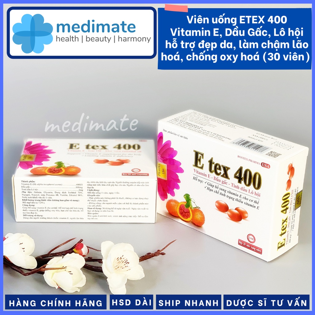 Viên uống Vitamin E E TEX 400 với Dầu Gấc, Lô hội giúp đẹp da, hạn chế lão hóa da, chống oxy hóa (Hộp 30 viên)