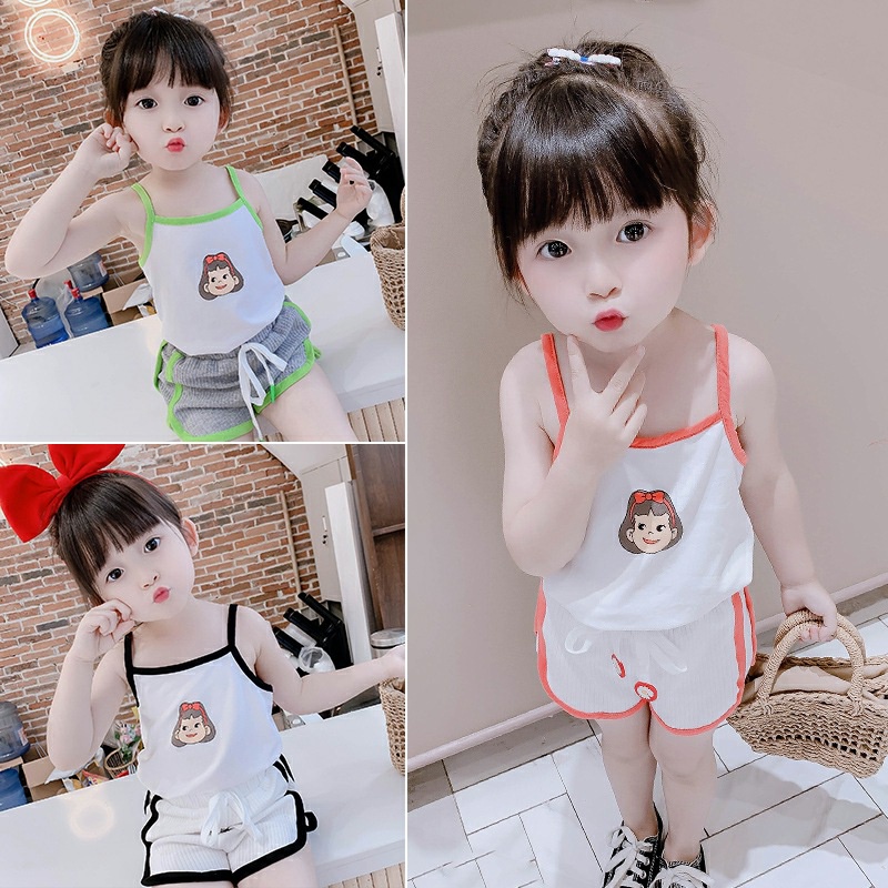 Set Áo Thun Sát Nách Và Quần Short Yếm Họa Tiết Hoạt Hình Phong Cách Hàn Quốc Dành Cho Bé Gái