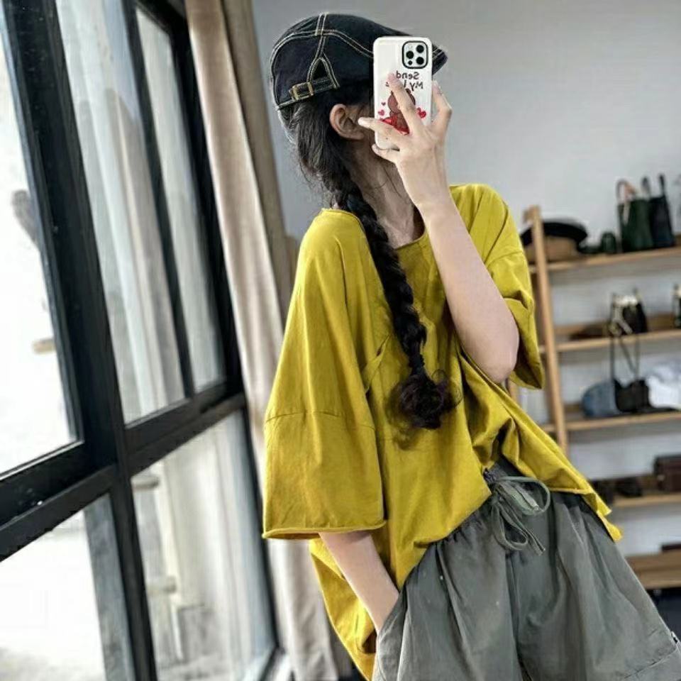 Áo Thun Ngắn Tay Dáng Rộng Lưng Ngắn Vải Cotton Mỏng Màu Trơn Kiểu Hàn Quốc Thời Trang Mùa Hè Cho Nữ