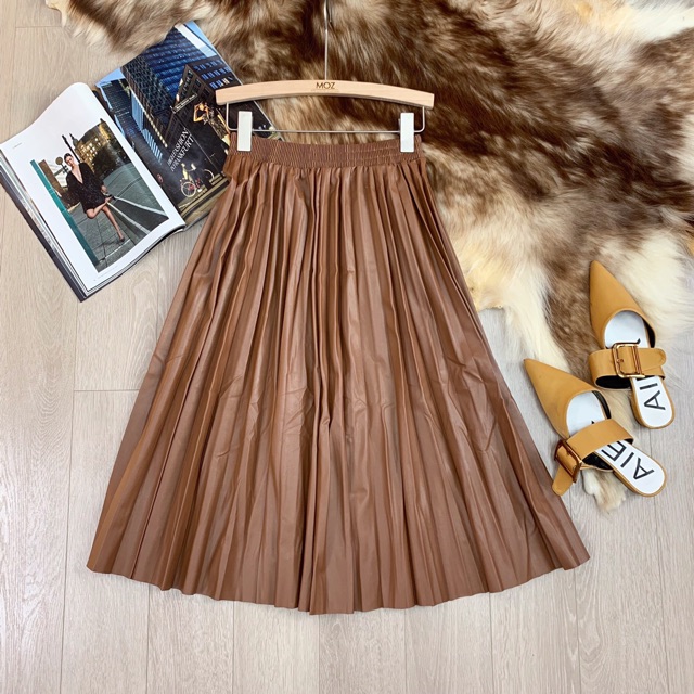 Chân váy maxi da xếp ly cạp chun