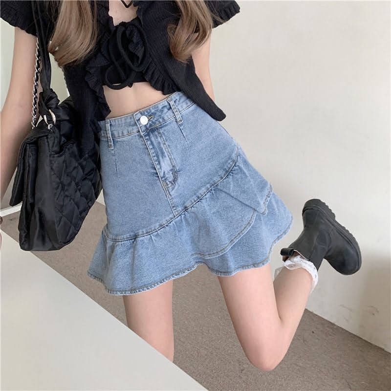 Chân váy bò jeans denim lưng cao phối đuôi cá bèo nhún phong cách cá tính