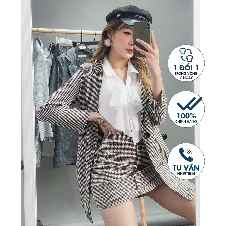 Bộ vest dáng trẻ Emspo áo Blazer dáng dài kèm chân váy 2 lớp BAVL0042