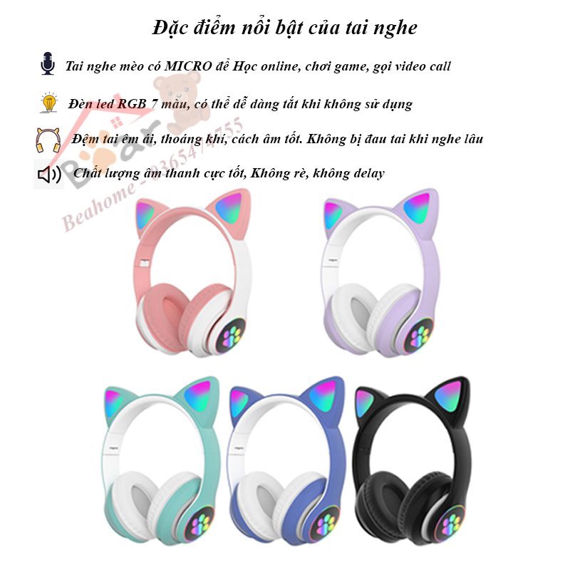 Tai Nghe Mèo Bluetooth Có Micro, Tai Nghe Chụp Tai Không Dây Gaming Âm Bass Mạnh Mẽ, Headphone Nghe Nhạc Cực Hay