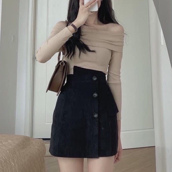 Chân váy chữ A LOZADO quần giả váy chất nhung tăm cạp lệch phối cúc hottrend hàng đẹp Quảng Châu CV473