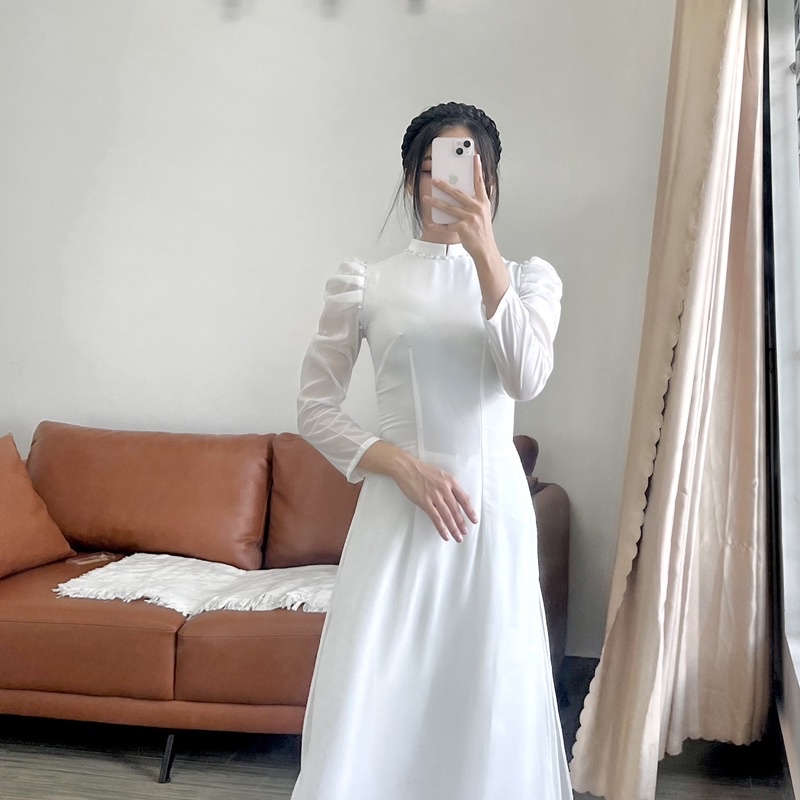Áo Dài Voan Tơ 4 Tà Tay Phồng Đính Ngọc_ AD Huyền Ny