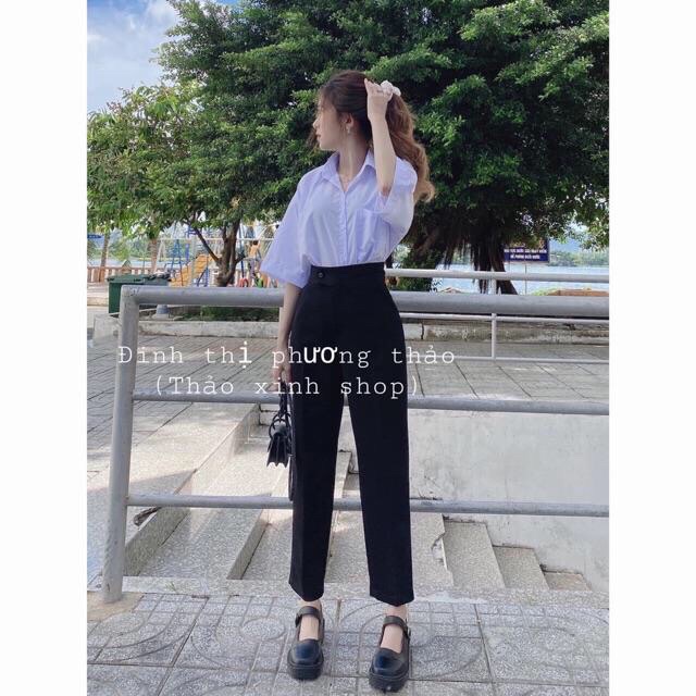 Quần baggy khuy giữa màu đen 01, quần baggy màu đen kiểu dáng học sinh công sở cho nữ