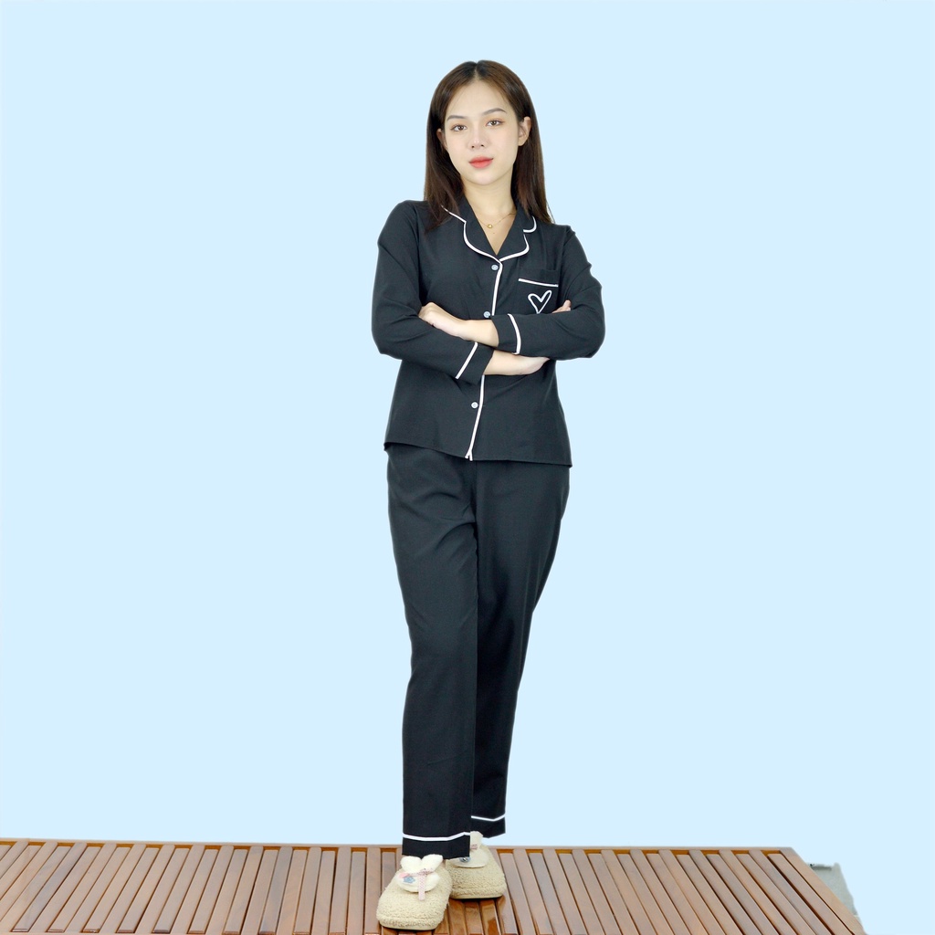 Bộ PIJIMA Nữ màu ĐEN Chất Lụa Cao Cấp - Quần dài tay dài điểm nhấn in trái tim túi  - Nhẹ nhàng - Sang trọng