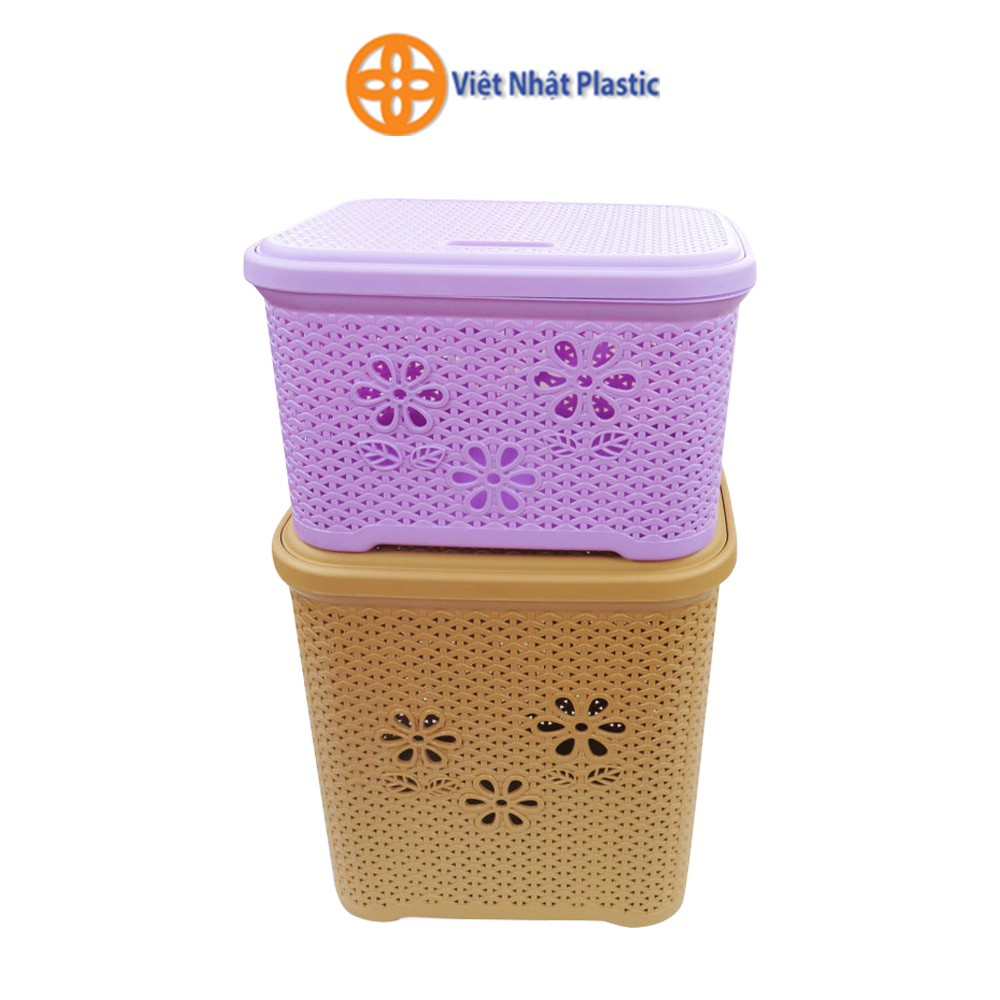 Giỏ nhựa có nắp đựng đồ Việt Nhật Plastic họa tiết hoa