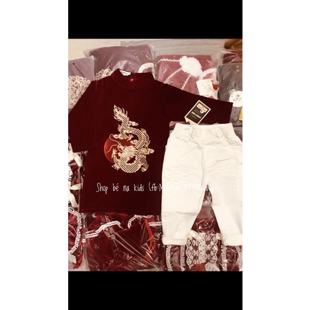 Cặp áo dài cách tân nhung cho bé trai và bé gái  9- 26kg có ảnh thật