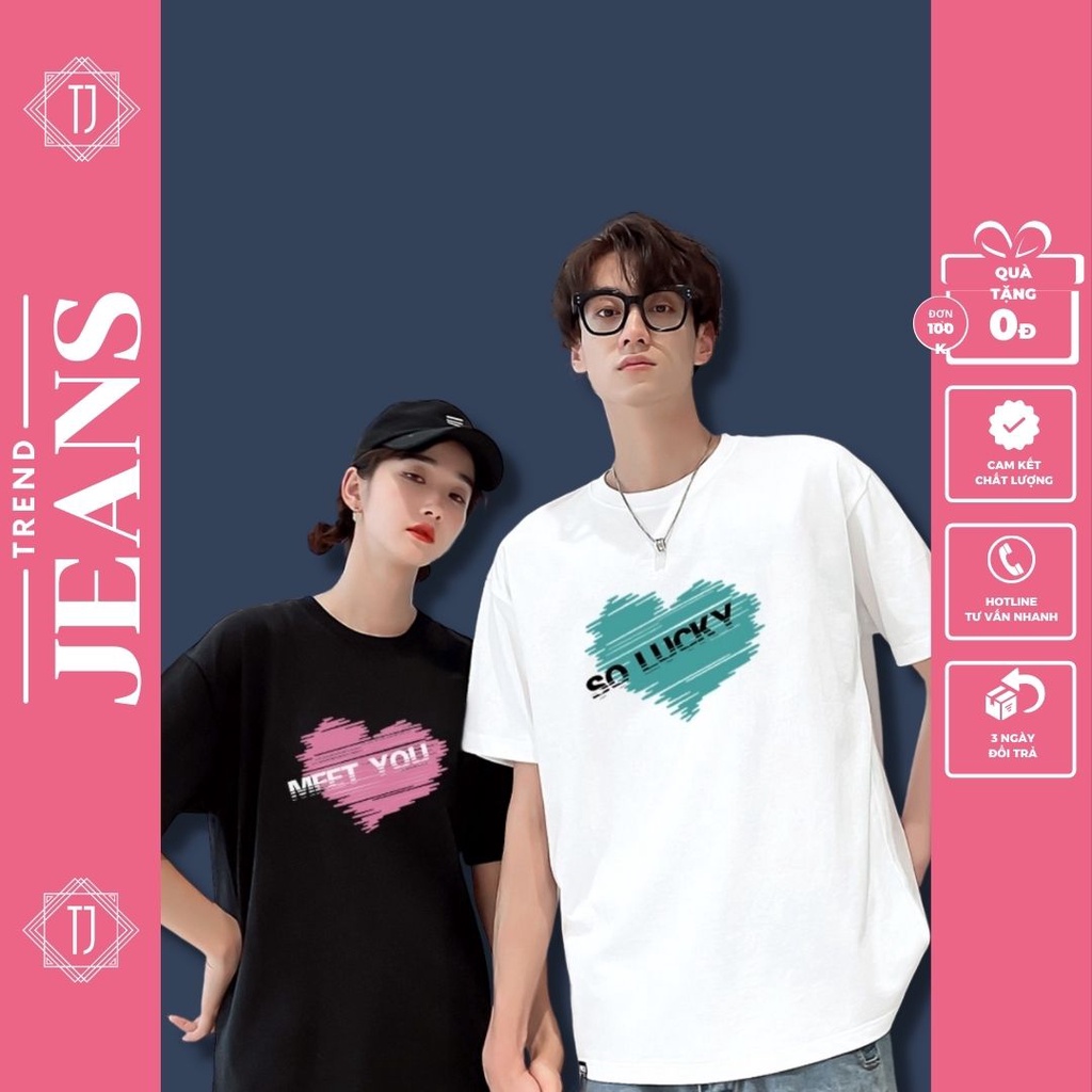 Áo thun đôi nam nữ, áo phông unisex in hình trái tim vải cotton